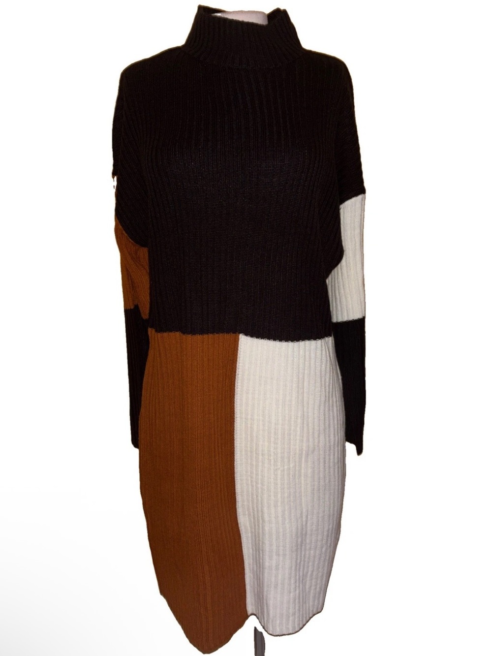 Colorblock Rib Knit Sweater Dress - Black, Brown & White